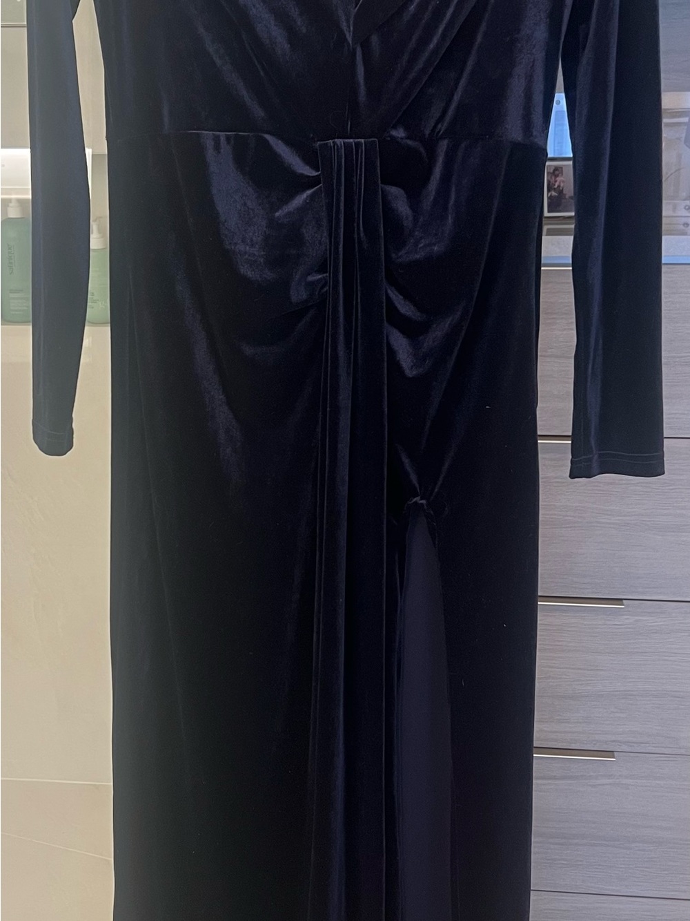 Elegant Navy Velvet Long Sleeve Dress with Front Drape